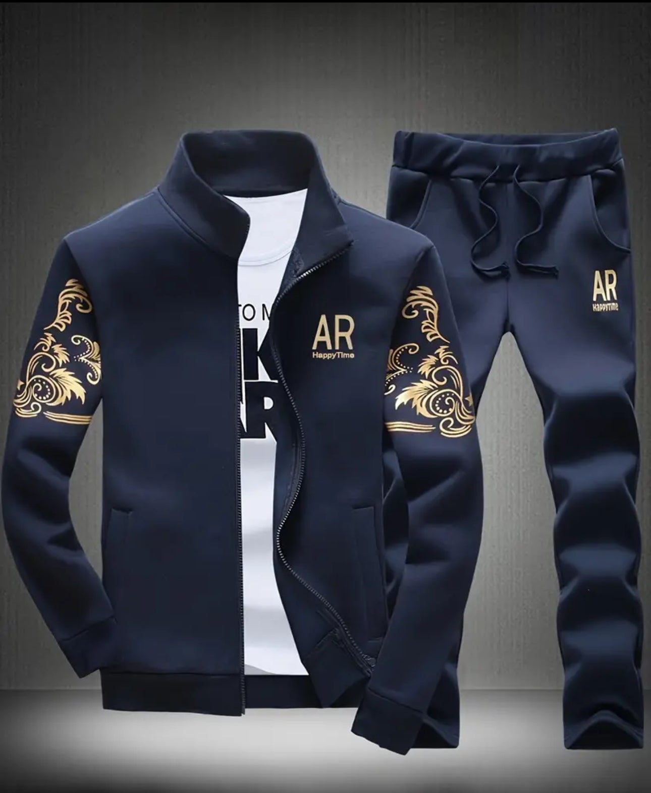 Men's Casual 2-Piece Outfit, Fashion Printed Full Zip Jacket